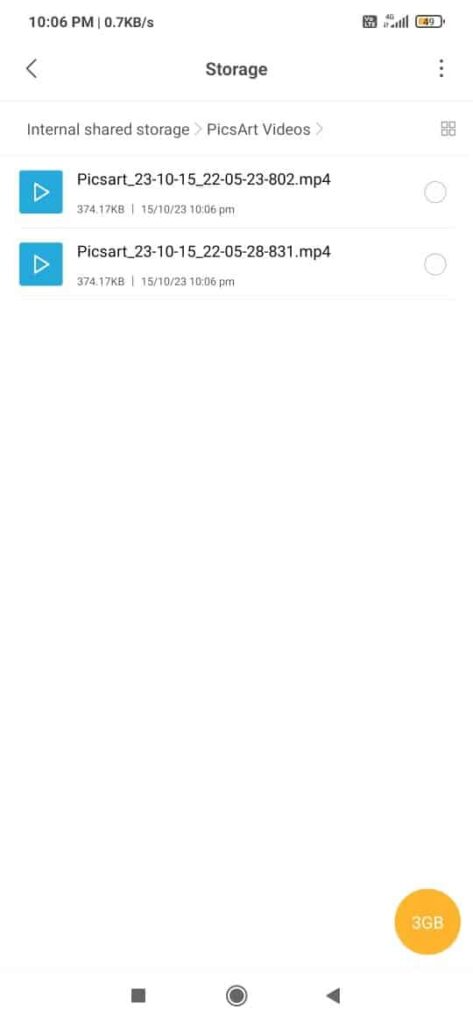 Tap on the PicsArt folder and browse for files with mp4 file extensions